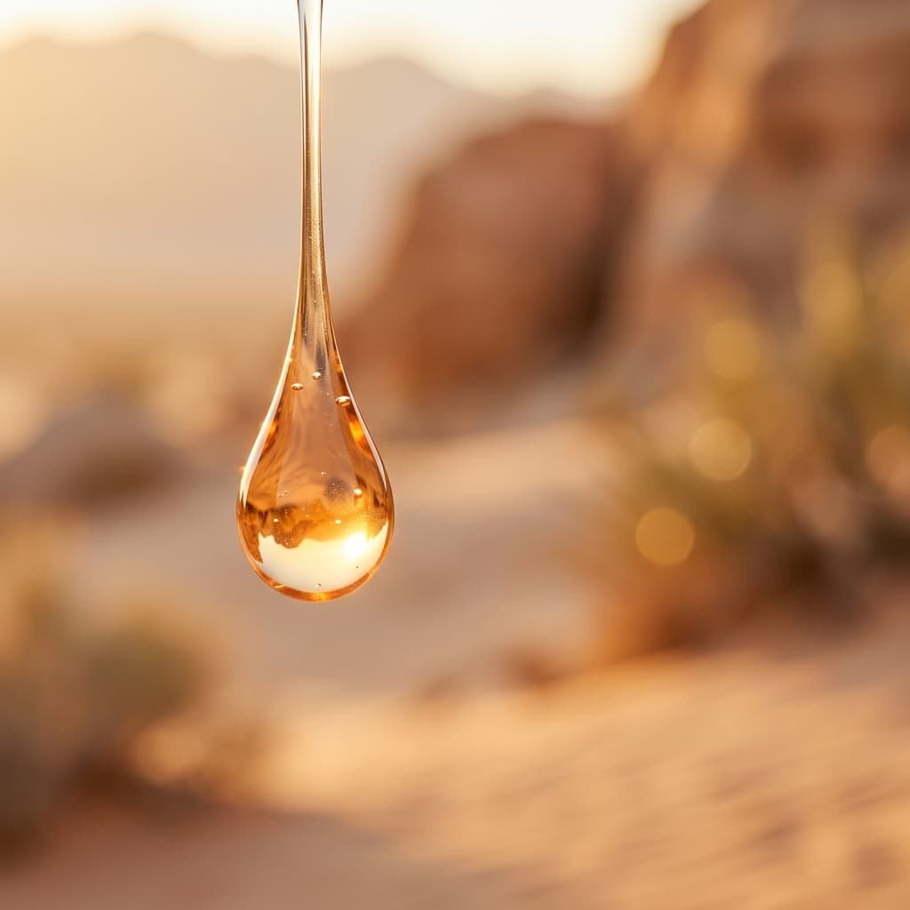 A single clear droplet of serum suspended in mid-air against a softly blurred golden-hour desert dunes background